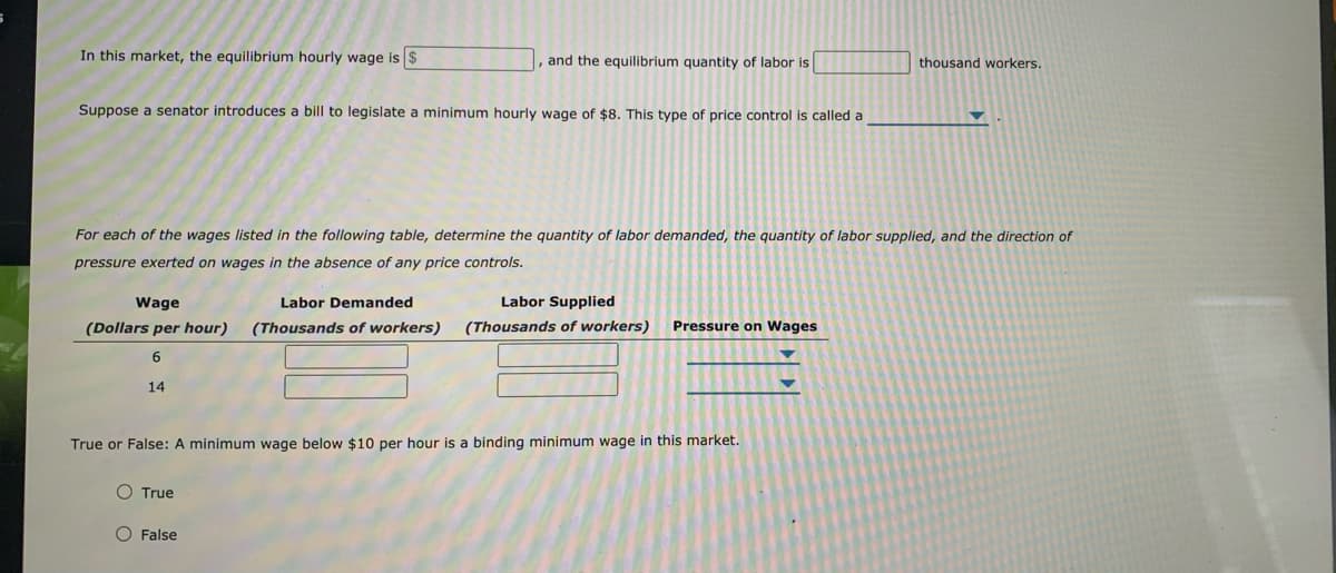 In this market, the equilibrium hourly wage is $
and the equilibrium quantity of labor is
thousand workers.
Suppose a senator introduces a bill to legislate a minimum hourly wage of $8. This type of price control is called a
For each of the wages listed in the following table, determine the quantity of labor demanded, the quantity of labor supplied, and the direction of
pressure exerted on wages in the absence of any price controls.
Wage
Labor Demanded
Labor Supplied
(Dollars per hour)
(Thousands of workers)
(Thousands of workers)
Pressure on Wages
6
14
True or False: A minimum wage below $10 per hour is a binding minimum wage in this market.
O True
O False
