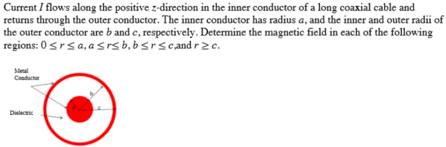 Current I flows along the positive z-direction in the inner conductor of a long coaxial cable and
returns through the outer conductor. The inner conductor has radius a, and the inner and outer radii of
the outer conductor are b and c, respectively. Determine the magnetic field in each of the following
regions: 0 <rsa, a<rs b, b<rsc,and r> c.
Metal
Conductor
Dielectric
