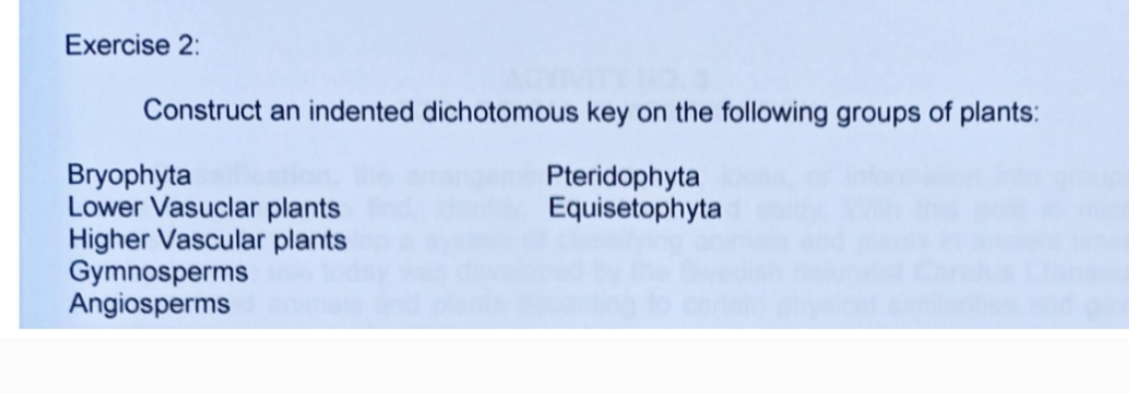 Exercise 2:
Construct an indented dichotomous key on the following groups of plants:
Bryophyta
Lower Vasuclar plants
Higher Vascular plants
Gymnosperms
Angiosperms
Pteridophyta
Equisetophyta
