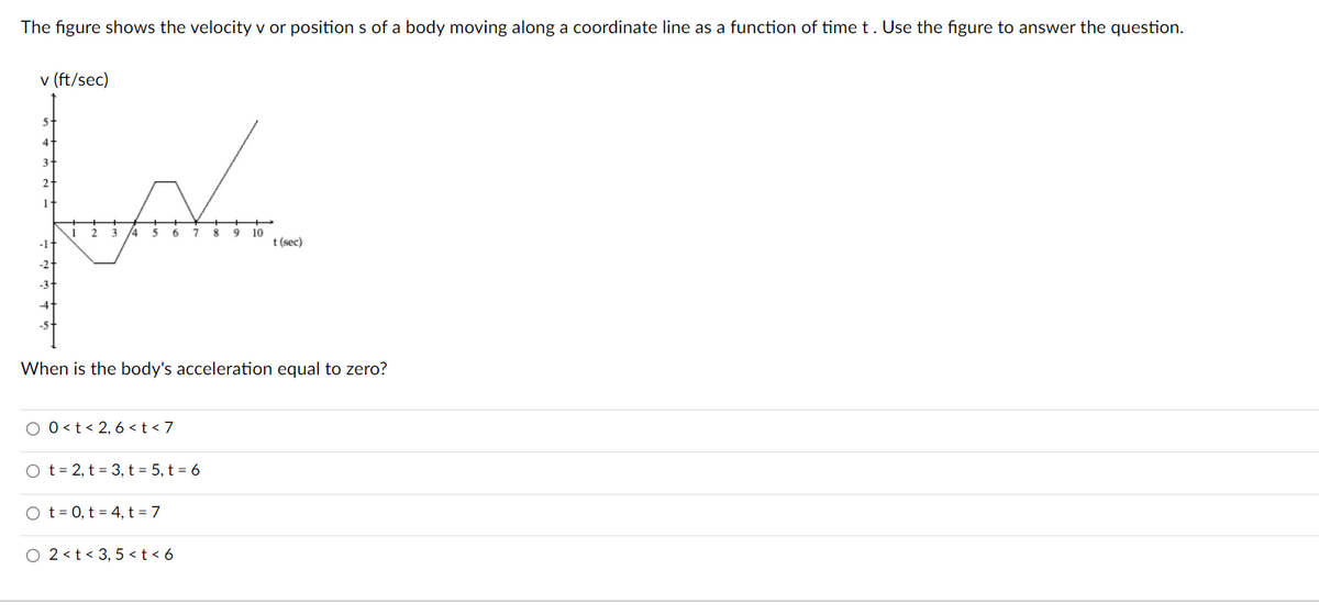 The figure shows the velocity v or position s of a body moving along a coordinate line as a function of time t. Use the figure to answer the question.
v (ft/sec)
4
3
2
1
2 3
14
6
7.
8 9 10
-1t
t (sec)
-2-
-3
-4
-5
When is the body's acceleration equal to zero?
O 0<t< 2, 6 < t < 7
O t= 2, t = 3, t = 5, t = 6
O t= 0, t = 4, t = 7
O 2 <t< 3, 5 < t < 6
