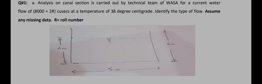 Q#1: a. Analysis on canal section is carried out by technical team of WASA for a current water
flow of (8000 + 2R) cusecs at a temperature of 38 degree centigrade. Identify the type of flow. Assume
any missing data. R= roll number
3m
