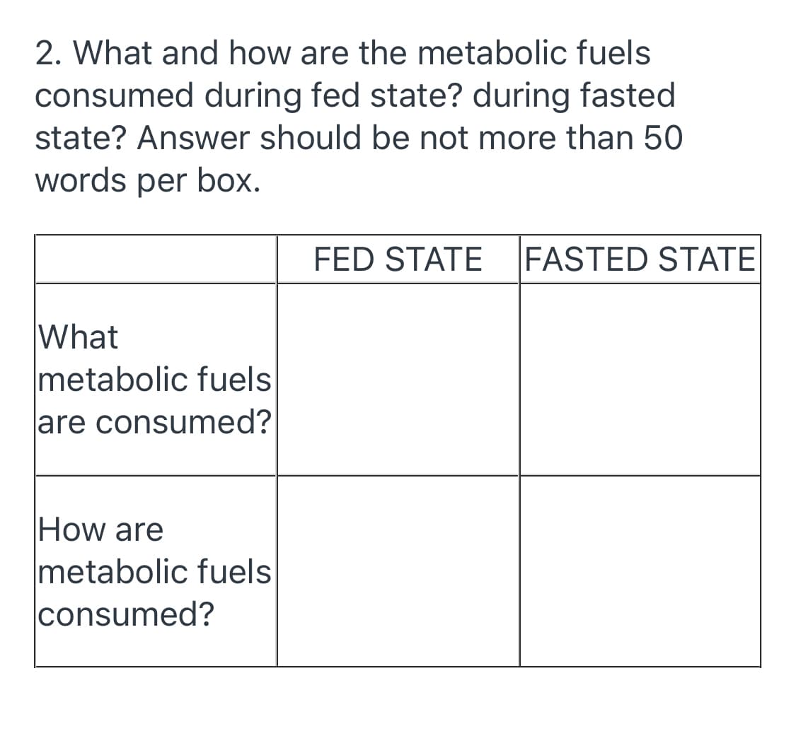 2. What and how are the metabolic fuels
consumed during fed state? during fasted
state? Answer should be not more than 50
words per box.
FED STATE
FASTED STATE
What
metabolic fuels
are consumed?
How are
metabolic fuels
consumed?
