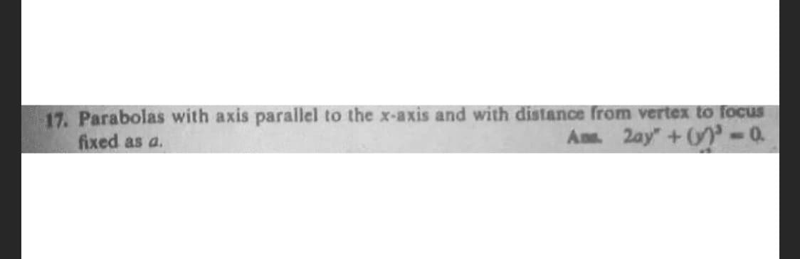 17. Parabolas with axis parallel to the x-axis and with distance from vertex to focus
fixed as a.
Amm 2ay" + -0.
