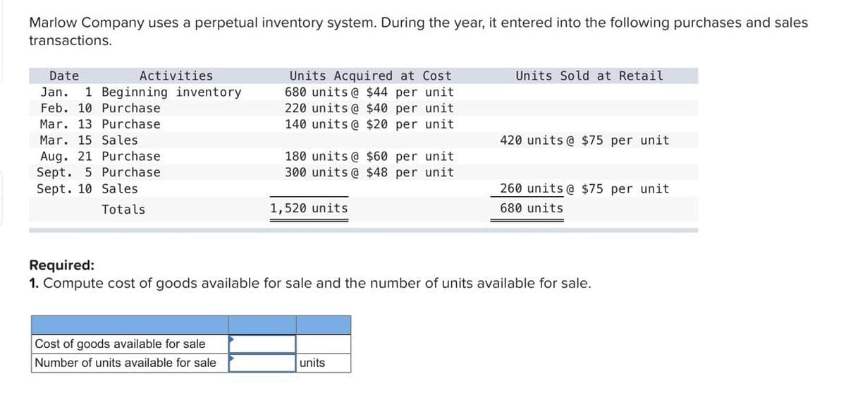 Marlow Company uses a perpetual inventory system. During the year, it entered into the following purchases and sales
transactions.
Date
Activities
1 Beginning inventory
Feb. 10 Purchase
Mar. 13 Purchase
Mar. 15 Sales
Aug. 21 Purchase
Sept. 5 Purchase
Sept. 10 Sales
Totals
Units Acquired at Cost
680 units @ $44 per unit
220 units @ $40 per unit
140 units @ $20 per unit
180 units @ $60 per unit
300 units @ $48 per unit
Units Sold at Retail
420 units @ $75 per unit
1,520 units
260 units @ $75 per unit
680 units
Required:
1. Compute cost of goods available for sale and the number of units available for sale.
Cost of goods available for sale
Number of units available for sale
units