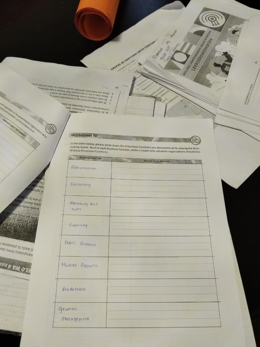 4. Xana wa tshemba leswaku mudyondzisi wo fana na loyi a h
3. Xana loko a wu ri oka xiyimo lexi Basani a nga eka xon
n'wangulano leswi faneleke ku lanc
1.
Hi xihi xikongomelo xa n'wangulano low
2.
Hi wihi ntlimbo lowu Basani a nga na wona?
EO
profit organisation or non-governmental organisation who
gnised the problem. List the company here:
MORE FACTS ABOUT THIS COMPANY
Kona wu endla kwalomu ka
kona exikarhi ka xikolo xe
Va leka bidend ht len
nd Akant wa kwa
iyi siva hi ya Math
gutisa chansi.) Musa
kokela moya ehenhla
tyond
Tha nave
rana onge
wi nghena ene
ELO WA 4 XIAV
ri karhi hi pimanisa r
wangulano lowu lane
A tu hlamuleni swivutiso les.
GRAPHS OF FUNCTIONS WITH CONSTANY
Complete the table.
89
unction
Function O
Function D
resent each
ids below.
on A
differen
nt differenc
6baan S
grade 90s
Бог дискравыш
AOS (CEC) GEÏNTEGREERDE CRAAD 9-PROJEK
LEERDERSWERKBOEK
Worksheet 10
EO
In the table below, please write down the 8 business functions you discovered while playing the Boat-
making Game. Next to each business function, write a reason why volunteer organisations should also
fill these 8 business functions.
BUSINESS FUNCTION
REASON TO FILL POSITION
Administration
Purchasing
Marketing And
5dles
financing
Public Relation
Human Resources
Production
gentras
Management