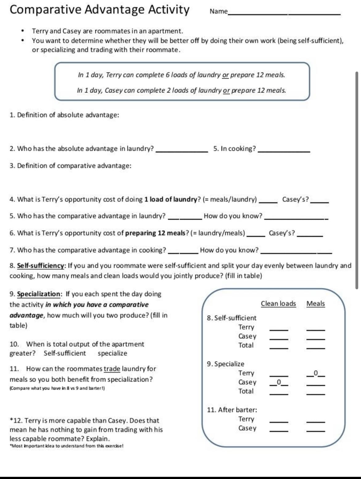 Comparative Advantage Activity
Name
Terry and Casey are roommates in an apartment.
• You want to determine whether they will be better off by doing their own work (being self-sufficient),
or specializing and trading with their roommate.
In 1 day, Terry can complete 6 loads of laundry or prepare 12 meals.
In 1 day, Casey can complete 2 loads of laundry or prepare 12 meals.
1. Definition of absolute advantage:
2. Who has the absolute advantage in laundry?
5. In cooking?
3. Definition of comparative advantage:
4. What is Terry's opportunity cost of doing 1 load of laundry? (= meals/laundry) Casey's?
5. Who has the comparative advantage in laundry?
How do you know?
6. What is Terry's opportunity cost of preparing 12 meals? (= laundry/meals).
Casey's?
7. Who has the comparative advantage in cooking?
How do you know?
8. Self-sufficiency: If you and you roommate were self-sufficient and split your day evenly between laundry and
cooking, how many meals and clean loads would you jointly produce? (fill in table)
9. Specialization: If you each spent the day doing
the activity in which you have a comparative
Clean loads
Meals
advantage, how much will you two produce? (fill in
table)
8. Self-sufficient
Terry
Casey
Total
10. When is total output of the apartment
greater? Self-sufficient
specialize
9. Specialize
Terry
Casey
Total
11.
How can the roommates trade laundry for
meals so you both benefit from specialization?
(Compare what you have in 8 vs 9 and barter!)
11. After barter:
Terry
*12. Terry is more capable than Casey. Does that
mean he has nothing to gain from trading with his
less capable roommate? Explain.
Casey
*Most important idea to understand from this exercise!
||| {|| ||
||
