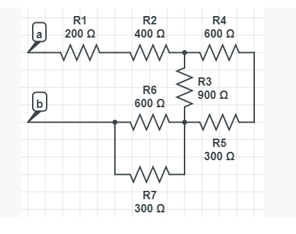 R1
R2
R4
a
200 Q
400 0
600 Q
R3
R6
900 2
b
600 O
R5
300 O
R7
300 2
