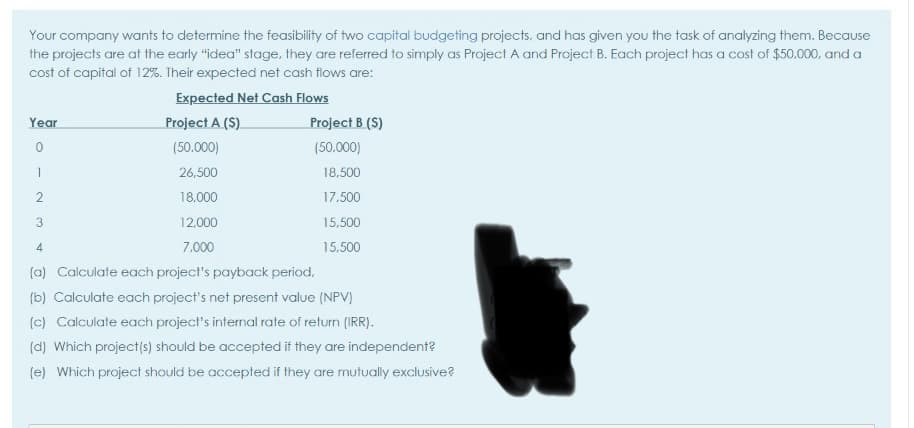 Your company wants to determine the feasibility of two capital budgeting projects, and has given you the task of analyzing them. Because
the projects are at the early "idea" stage, they are referred to simply as Project A and Project B. Each project has a cost of $50.000. and a
cost of capital of 12%. Their expected net cash flows are:
Expected Net Cash Flows
Year
Project A (S)
Project B (S)
(50.000)
(50.000)
26,500
18,500
18.000
17.500
3.
12,000
15,500
4
7.000
15,500
(a) Calculate each project's payback period,
(b) Calculate each project's net present value (NPV)
(c) Calculate each project's internal rate of return (IRR).
(d) Which project(s) should be accepted if they are independent?
(e) Which project should be accepted if they are mutually exclusive?
