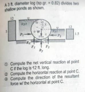 A 3 ft. diameter log (sp.gr.= 0.82) divides two
shallow ponds as shown.
3
12
R₂0
Pr
Rx
:D
Fi
Ry
F₂
12
1.5
Compute the net vertical reaction at point
C if the log is 12 ft. long.
Compute the horizontal reaction at point C.
Compute the direction of the resultant
force w/ the horizontal at point C.