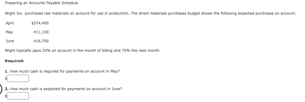 Preparing an Accounts Payable Schedule
Wight Inc. purchases raw materials on account for use in production. The direct materials purchases budget shows the following expected purchases on account:
April
$374,400
May
411,100
June
416,700
Wight typically pays 25% on account in the month of billing and 75% the next month.
Required:
1. How much cash is required for payments on account in May?
2. How much cash is expected for payments on account in June?
