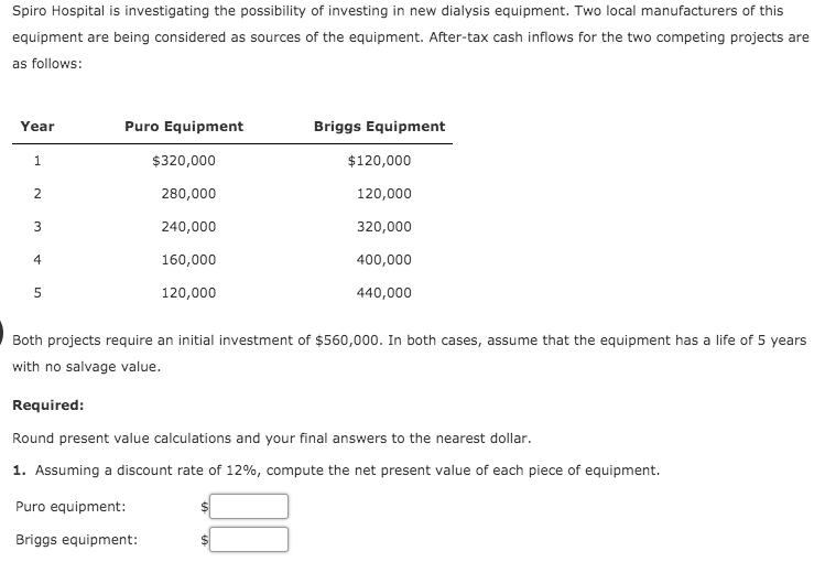 Spiro Hospital is investigating the possibility of investing in new dialysis equipment. Two local manufacturers of this
equipment are being considered as sources of the equipment. After-tax cash inflows for the two competing projects are
as follows:
Year
Puro Equipment
Briggs Equipment
1.
$320,000
$120,000
2
280,000
120,000
240,000
320,000
4
160,000
400,000
120,000
440,000
Both projects require an initial investment of $560,000. In both cases, assume that the equipment has a life of 5 years
with no salvage value.
Required:
Round present value calculations and your final answers to the nearest dollar.
1. Assuming a discount rate of 12%, compute the net present value of each piece of equipment.
Puro equipment:
Briggs equipment:
