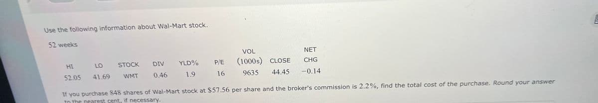 Use the following information about Wal-Mart stock.
52 weeks
VOL
NET
HI
52.05
LO STOCK
41.69 WMT
DIV
0.46
YLD%
1.9
P/E
16
(1000s) CLOSE
CHG
9635
44.45
-0.14
If you purchase 848 shares of Wal-Mart stock at $57.56 per share and the broker's commission is 2.2%, find the total cost of the purchase. Round your answer
to the nearest cent, if necessary.