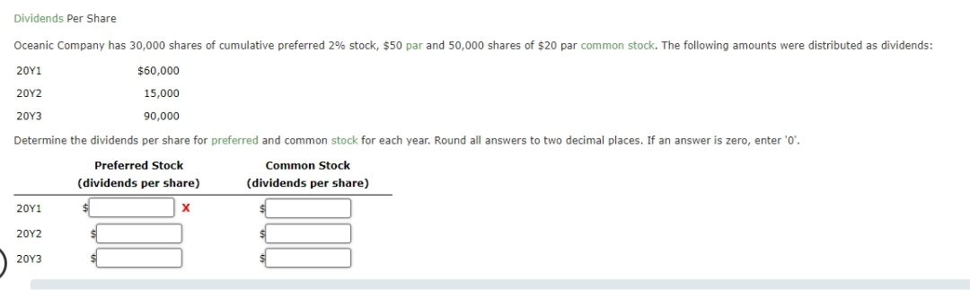 Dividends Per Share
Oceanic Company has 30,000 shares of cumulative preferred 2% stock, $50 par and 50,000 shares of $20 par common stock. The following amounts were distributed as dividends:
20Y1
$60,000
20Y2
15,000
20Y3
90,000
Determine the dividends per share for preferred and common stock for each year. Round all answers to two decimal places. If an answer is zero, enter '0'.
Preferred Stock
Common Stock
(dividends per share)
(dividends per share)
20Y1
20Y2
20Y3