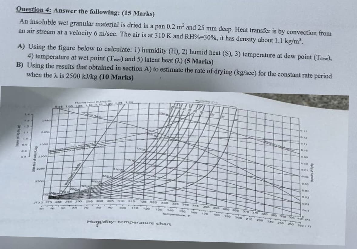 Question 4: Answer the following: (15 Marks)
An insoluble wet granular material is dried in a pan 0.2 m² and 25 mm deep. Heat transfer is by convection from
an air stream at a velocity 6 m/sec. The air is at 310 K and RH %-30%, it has density about 1.1 kg/m³.
A) Using the figure below to calculate: 1) humidity (H), 2) humid heat (S), 3) temperature at dew point (Tdew),
4) temperature at wet point (Twet) and 5) latent heat (2) (5 Marks)
B) Using the results that obtained in section A) to estimate the rate of drying (kg/sec) for the constant rate period
when the 2 is 2500 kJ/kg (10 Marks)
jele beau
09
07
Lene of
2420
2400
2330
2300
2250
2200
Hurup This (kg S
05 100 105 1.10 1.18 1.29 1.25
210
TV XL
ST R
9.12
610
890
9.07
80G
shigig
8.00
0.04
9.00
8803
2732 275 260
3040
285 200
295 300
TO
BO
130
140 150 7610
Temperature T
170
310 315 320 325 330 335 340 345 350 355 300 305 306 307 308 305 300 305 400
100 110 120
190 200 210 220 230
240 250 260 4
Hurgidity-temperature chart