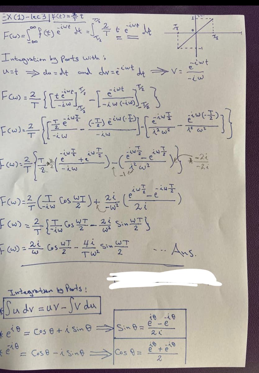 EX (1)-lec 31 F(t) == t
-
F(w) = f(t) eve dt
5²
Integration by Parts with s
u=t du=dt and dr=ecut de ⇒V=
F (w) = = [[
-iwt.
Faw) = ² = { [+] - [_(²)] + 2 }
T
iw
--1/₂
-iwt
[4:24 +0
p
-1
wt
F
-iw
Th
-iw I
F()주)글 ( )
-iw
ete
K
(-) iw (-) (w iw (-)-
[]}
te
F(w) = ²/_ (_T Cos WI ) + 2i
t-wz
-iw
Integration by Parts:
Su dv = uv-Sv du
1_1-1² w²
F (w) = = {-TW Gs WT - 2012 Sin WT }}
w²
F (W) = 21 (s WT - 44 Sin WT
4i
TW²
2
iw = iw I
(²7)
-e
²7-2
ان؟
e
= Cos 0 + 1 Sin Sin 8=
-iw
-io
1² w²
21
10
18
= Cos 8-i Sint Cos 9 = 2 + 10
→
2
Ans.
-21