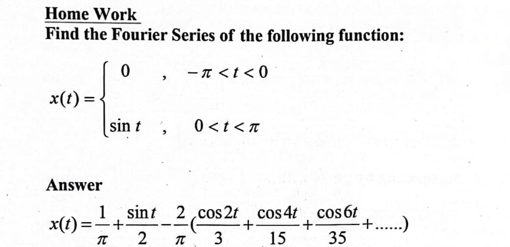 Home Work
Find the Fourier Series of the following function:
0
x(t) =
Answer
sin t
1 sint
== +
π
2
x(t):
>
,
-π<t<0
R
0<t<n
2,cos 2t
3
+
cos 4t
15
cos 6t
35
-+......)