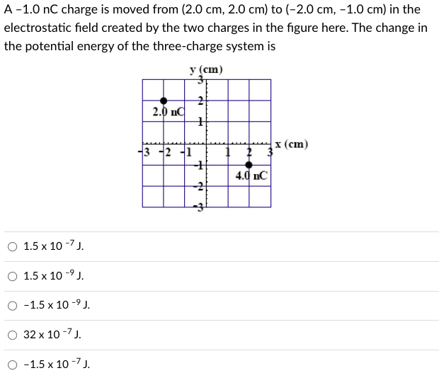 A -1.0 nC charge is moved from (2.0 cm, 2.0 cm) to (-2.0 cm, -1.0 cm) in the
electrostatic field created by the two charges in the figure here. The change in
the potential energy of the three-charge system is
y (cm)
O 1.5 x 10-7J.
1.5 x 10-⁹ J.
-9
O -1.5 x 10-9 J.
32 x 10-7 J.
-1.5 x 10-7 J.
2.0 nC
3 -2 -1
2
H
-H
-24
-3
4.0 nC
x (cm)