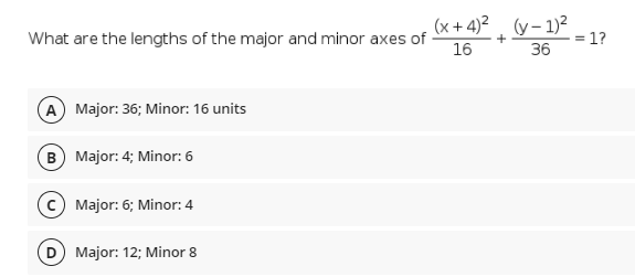 (x + 4)2, (y- 1)² .
What are the lengths of the major and minor axes of
1?
16
36
A Major: 36; Minor: 16 units
B Major: 4; Minor: 6
c) Major: 6; Minor: 4
D Major: 12; Minor 8
