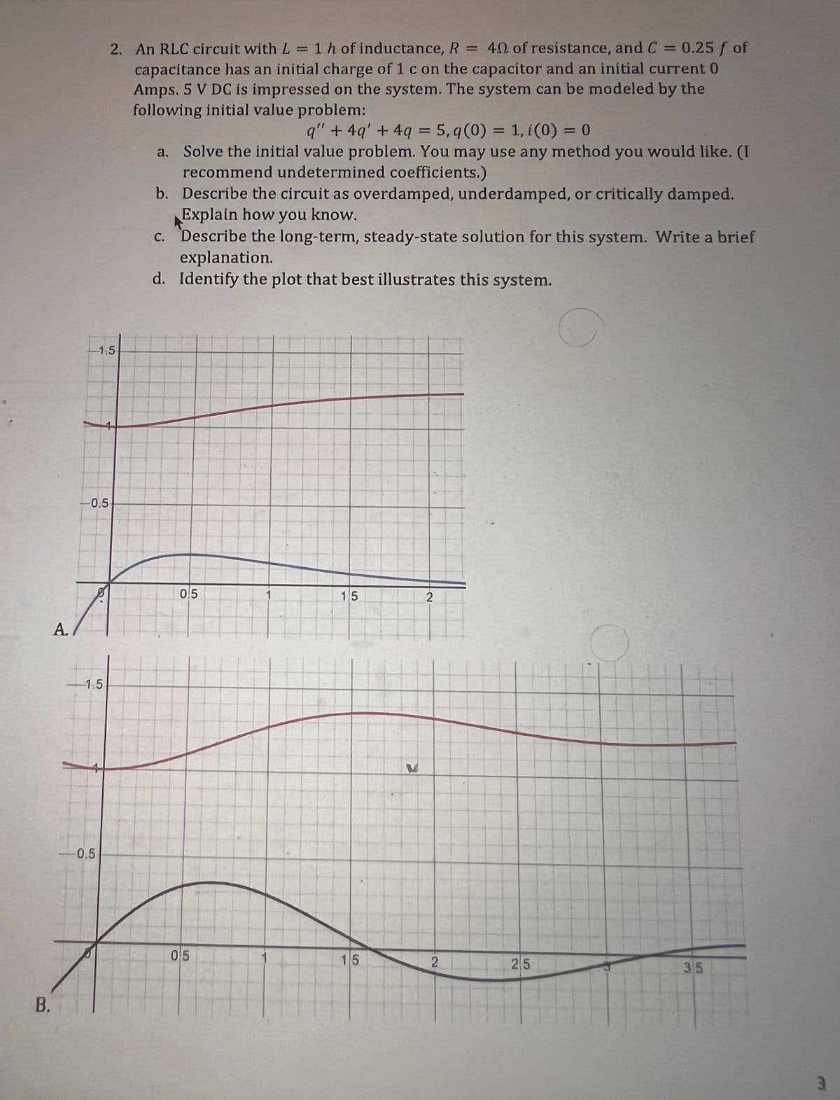 B.
A.
2. An RLC circuit with L = 1 h of inductance, R = 40 of resistance, and C = 0.25 f of
capacitance has an initial charge of 1 c on the capacitor and an initial current 0
Amps, 5 V DC is impressed on the system. The system can be modeled by the
following initial value problem:
q" + 4q' + 4q = 5, q(0) = 1, i (0) = 0
Solve the initial value problem. You may use any method you would like. (I
recommend undetermined coefficients.)
-1.5-
-0.5-
-1.5
-0,5
b.
Describe the circuit as overdamped, underdamped, or critically damped.
Explain how you know.
C.
c. Describe the long-term, steady-state solution for this system. Write a brief
explanation.
d. Identify the plot that best illustrates this system.
0.5
05
1.5
16
>
..
2
2
25
35
3