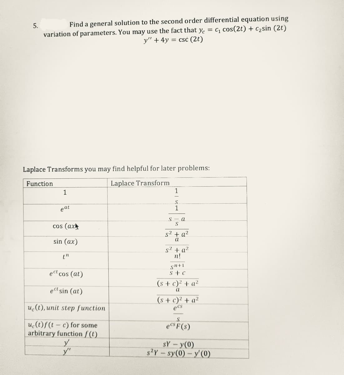 5.
Find a general solution to the second order differential equation using
variation of parameters. You may use the fact that y = C₁ cos(2t) + C₂sin (2t)
y" + 4y = csc (2t)
Laplace Transforms you may find helpful for later problems:
Function
Laplace Transform
1
eat
cos (ax
sin (ax)
tn
ect cos (at)
ect sin (at)
u(t), unit step function
uc (t)f(t-c) for some
arbitrary function f(t)
y"
S
1
S.
1
S
a
s² + a²
a
s² + a²
n!
gn+1
S + C
(s + c)² + a²
(s + c)² + a²
ecs
ecs F(s)
SY-y(0)
s2Y-sy(0)-y'(0)