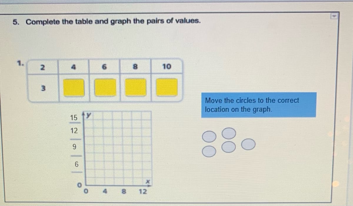 5. Complete the table and graph the pairs of values.
8.
10
Move the circles to the correct
location on the graph.
15
12
9.
8.
12
2.
