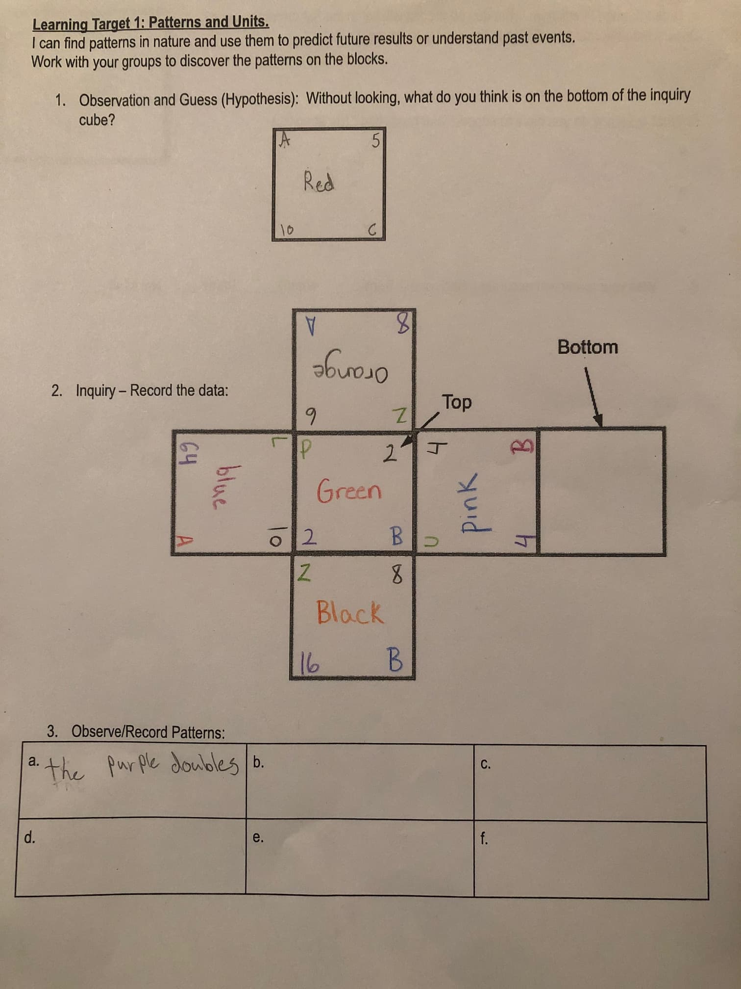 Learning Target 1: Patterns and Units.
I can find patterns in nature and use them to predict future results or understand past events.
Work with your groups to discover the patterns on the blocks.
1. Observation and Guess (Hypothesis): Without looking, what do you think is on the bottom of the inquiry
cube?
5
Red
10
A
Bottom
Orange
Тop
2. Inquiry- Record the data:
6.
2"
丁
Green
2.
B.
8.
Black
16
B.
3. Observe/Record Patterns:
the Pur ple doubles o.
a.
С.
d.
f.
e.
4.
pink
10
blue
64
