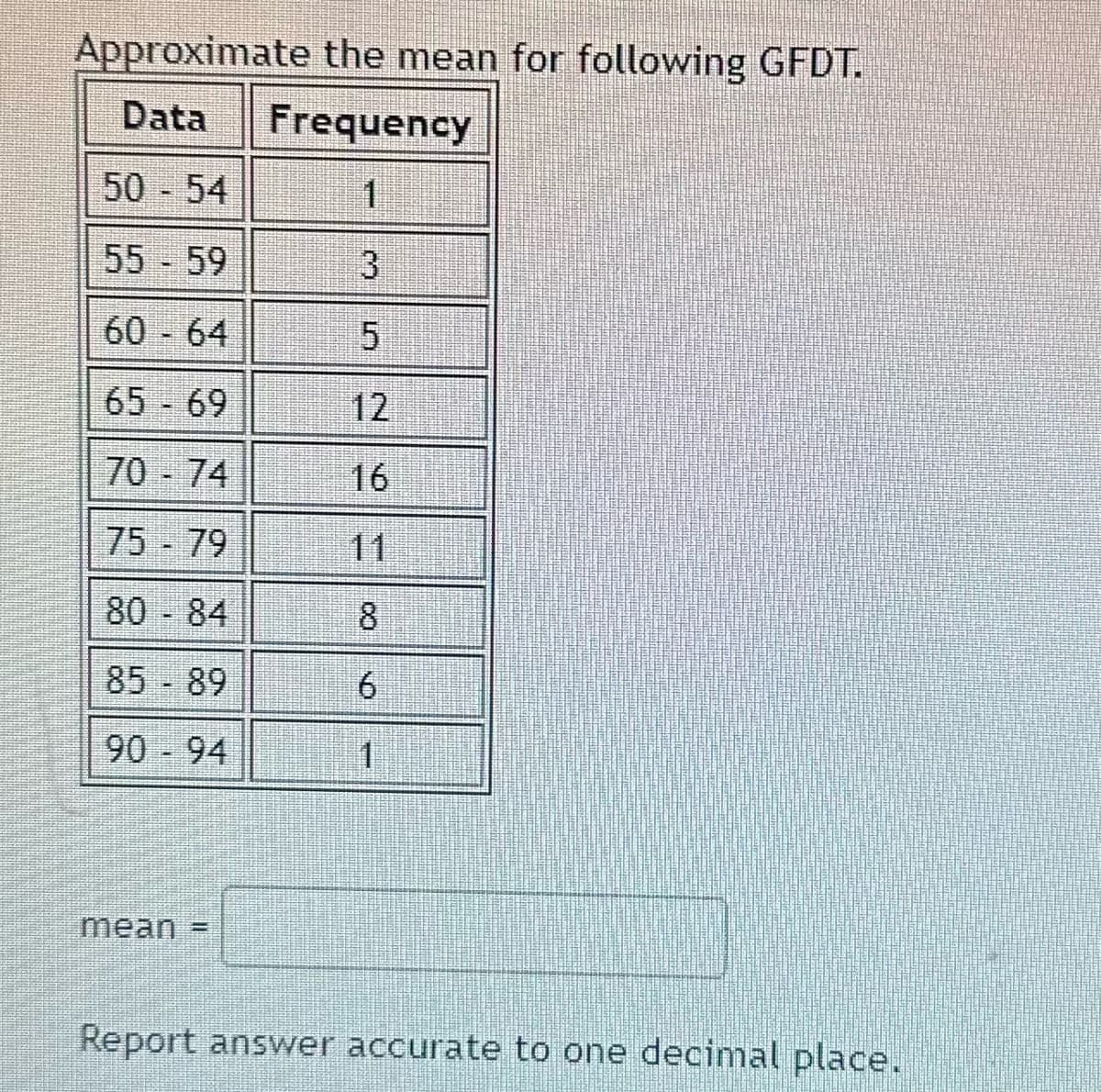 Approximate the mean for following GFDT.
Data Frequency
50 - 54
1
55 - 59
3
60-64
5
65-69
70 - 74
75-79
80-84
85-89
90 - 94
mean
1
16
8
6
1
Report answer accurate to one decimal place.