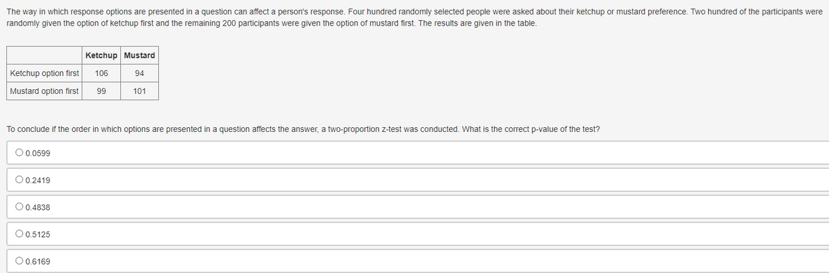 The way in which response options are presented in a question can affect a person's response. Four hundred randomly selected people were asked about their ketchup or mustard preference. Two hundred of the participants were
randomly given the option of ketchup first and the remaining 200 participants were given the option of mustard first. The results are given in the table.
Ketchup option first
Mustard option first
To conclude if the order in which options are presented in a question affects the answer, a two-proportion z-test was conducted. What is the correct p-value of the test?
O 0.0599
O 0.2419
O 0.4838
O 0.5125
Ketchup Mustard
PO
106
94
99
101
O 0.6169