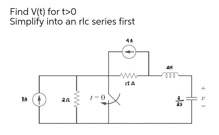 Find V(t) for t>0
Simplify into an rlc series first
4 A
ан
ll
12 A
+
8A
t = 0
25
