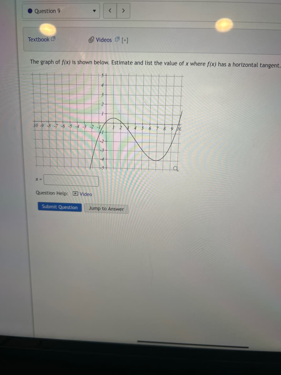 Question 9
Textbook
▼
10 -9 -8 -7 -6 -5 -4 -3 -2
X =
The graph of f(x) is shown below. Estimate and list the value of x where f(x) has a horizontal tangent.
< >
Videos [+]
5-
4
3
2
2
Question Help: Video
Submit Question Jump to Answer
6
8 9 /10
a