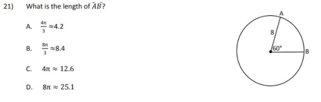 21)
What is the length of AB?
24.2
3
8.
28,4
3
60
В.
C.
4n = 12.6
D.
81 = 25.1
