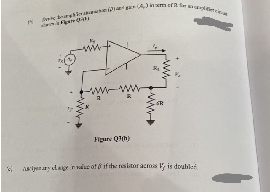 (c)
(b)
Derive the amplifier attenuation (B) and gain (A₂) in term of R for an amplifier circuit
shown in Figure Q3(b).
VF
Rs
R
R
R
Figure Q3(b)
I₂
RL
6R
Vo
Analyse any change in value of ß if the resistor across V, is doubled.