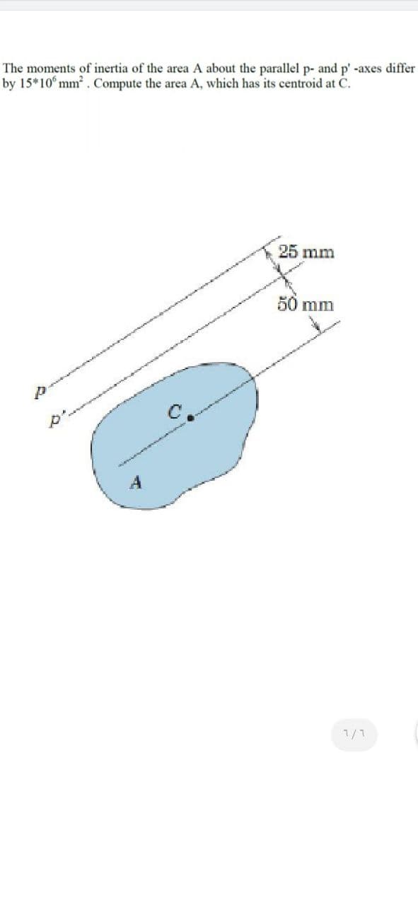 The moments of inertia of the area A about the parallel p- and p' -axes differ
by 15*10 mm. Compute the area A, which has its centroid at C.
25 mm
50 mm
to
1/1
