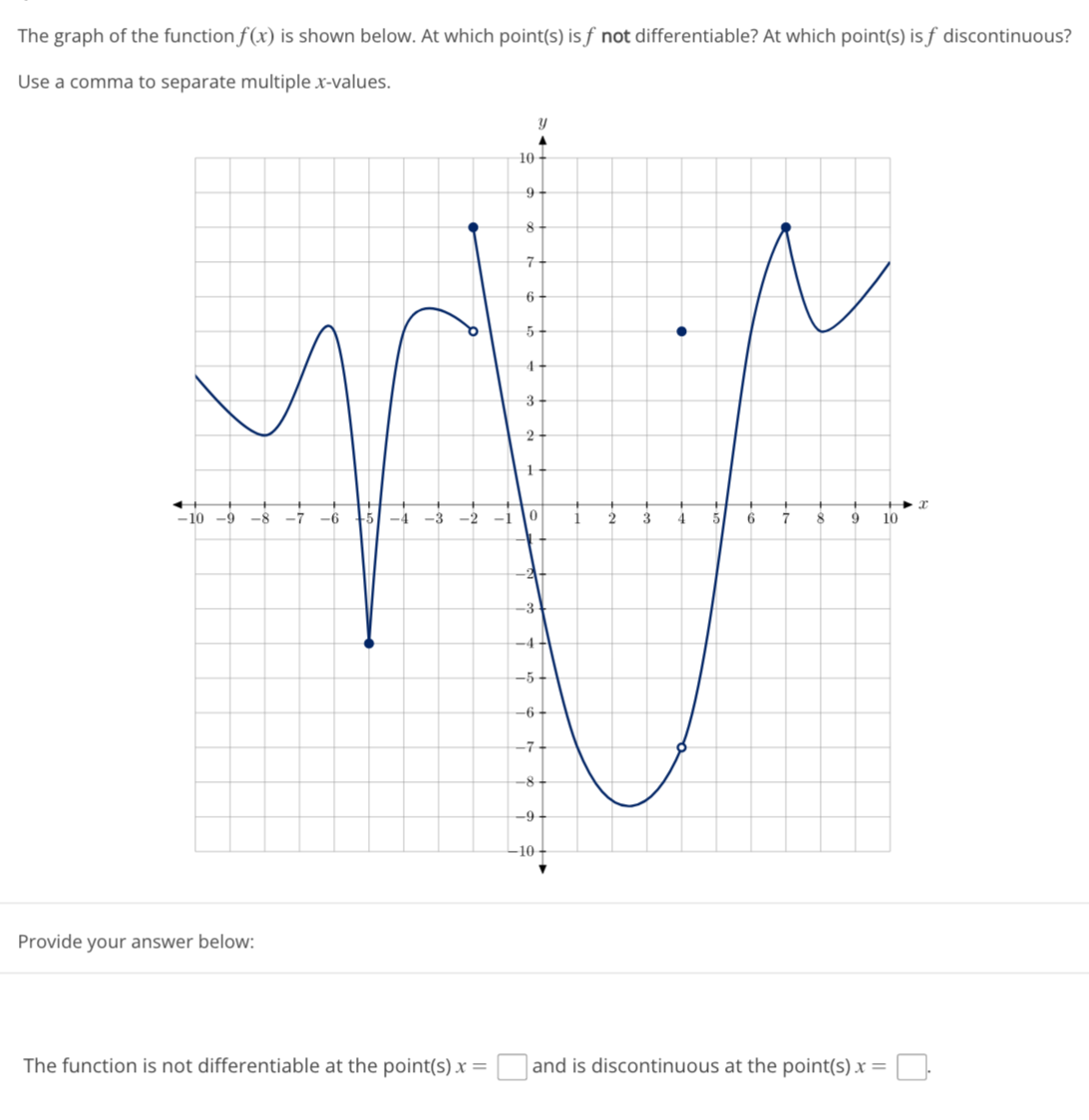 The graph of the function f(x) is shown below. At which point(s) is f not differentiable? At which point(s) is f discontinuous?
Use a comma to separate multiple x-values.
Provide your answer below:
10+
9
8
7
5
4
3
2
1
m
10 -9 -8 -7 -6 -5 -4 -3 -2
0
-
-4
6
Y
A
−5+
-6-
-7
-8-
-9
-10+
1
2
3
4
5
6
8
9 10
2
The function is not differentiable at the point(s)x= and is discontinuous at the point(s)x= .