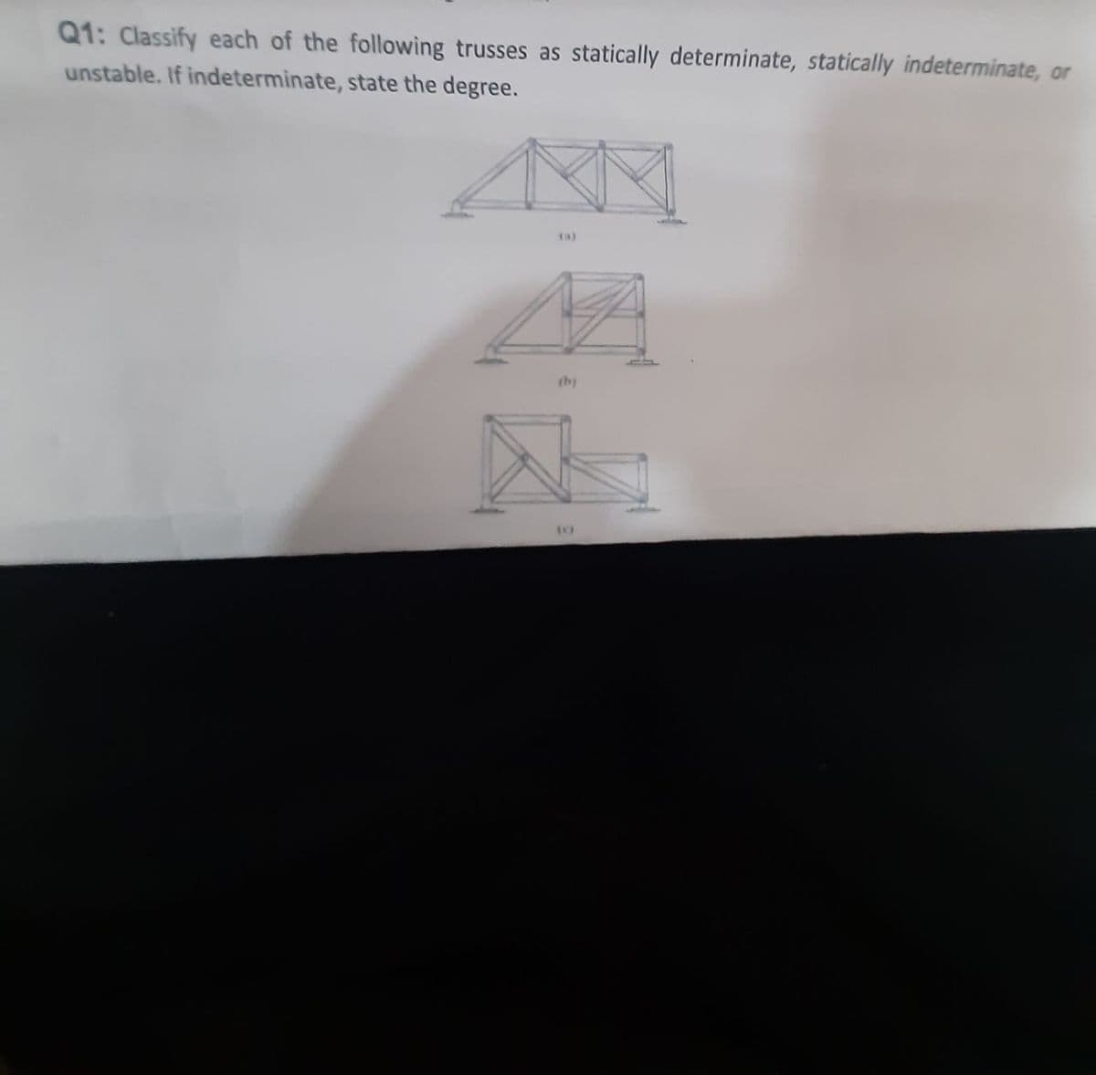 Q1: Classify each of the following trusses as statically determinate, statically indeterminate, or
unstable. If indeterminate, state the degree.
ta)
(by
