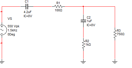 VS
550 Vpk
1.5kHz
0Deg
C1
HH
4.2uF
IC=0V
R1
1000
C2
1uF
IC=0V
R2
1kQ
R3
27500