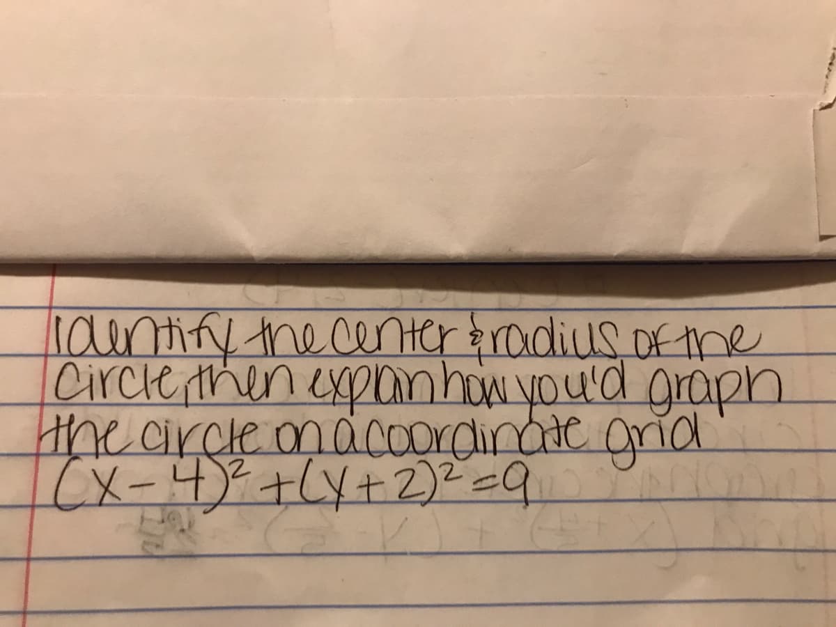 laentiny the center &radius of tne
Circlethen exponhow you'd grapn
the aircle ondcoordinade grid
(x-47+Ly+2)2 =9.
