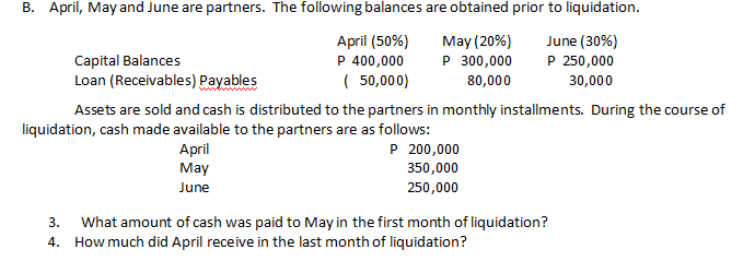 B. April, May and June are partners. The following balances are obtained prior to liquidation.
April (50%)
P 400,000
( 50,000)
May (20%)
P 300,000
80,000
June (30%)
P 250,000
Capital Balances
Loan (Receivables) Payables
30,000
Assets are sold and cash is distributed to the partners in monthly installments. During the course of
liquidation, cash made available to the partners are as follows:
April
May
P 200,000
350,000
June
250,000
What amount of cash was paid to May in the first month of liquidation?
4. How much did April receive in the last month of liquidation?
3.
