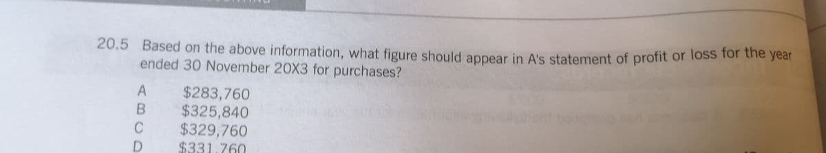 20.5 Based on the above information, what figure should appear in A's statement of profit or loss for the year
ended 30 November 20X3 for purchases?
$283,760
$325,840
$329,760
$331.760
ABCD
