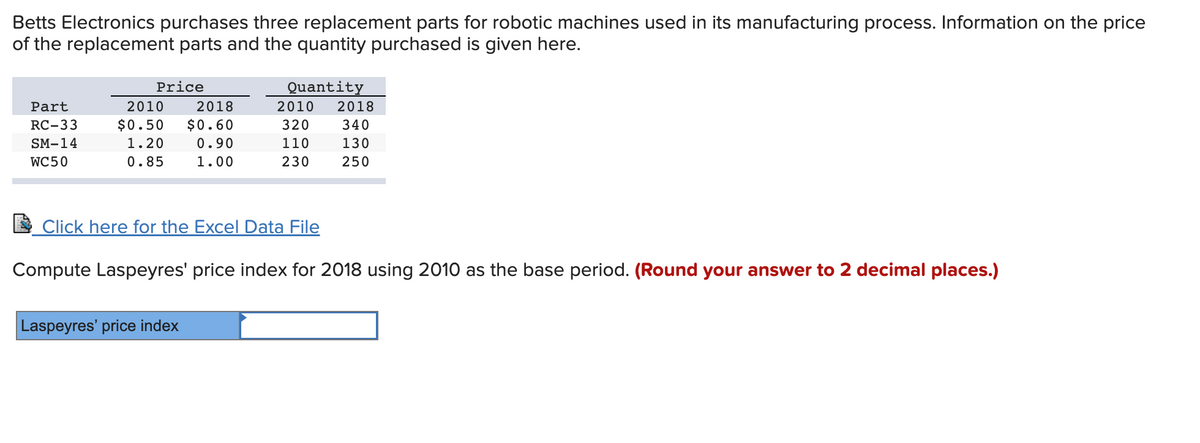 Betts Electronics purchases three replacement parts for robotic machines used in its manufacturing process. Information on the price
of the replacement parts and the quantity purchased is given here.
Part
RC-33
SM-14
WC50
Price
2010
$0.50
1.20
0.85
2018
$0.60
0.90
1.00
Quantity
Laspeyres' price index
2010 2018
320
340
110
130
230
250
Click here for the Excel Data File
Compute Laspeyres' price index for 2018 using 2010 as the base period. (Round your answer to 2 decimal places.)