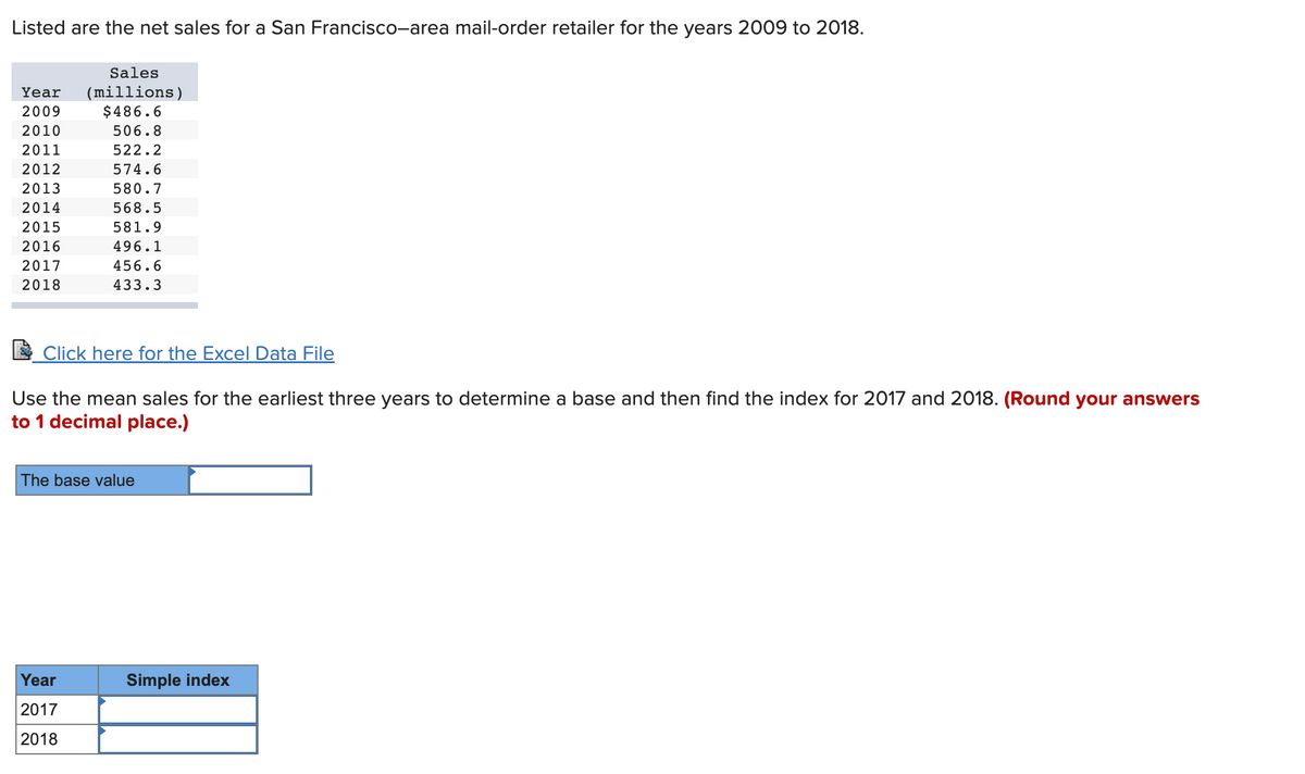 Listed are the net sales for a San Francisco-area mail-order retailer for the years 2009 to 2018.
Sales
Year (millions)
2009
$486.6
2010
506.8
2011
522.2
2012
574.6
2013
580.7
568.5
581.9
496.1
456.6
433.3
2014
2015
2016
2017
2018
Click here for the Excel Data File
Use the mean sales for the earliest three years to determine a base and then find the index for 2017 and 2018. (Round your answers
to 1 decimal place.)
The base value
Year
2017
2018
Simple index