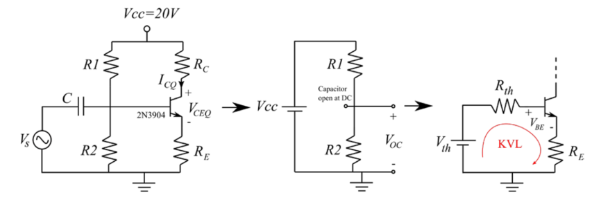 Vcc=20V
R1 2
.Rc
Ic
R1
Rih
Capacitor
open at DC
Vcc
V
VCEQ
BE
2N3904
Voc
KVL
RE
th
R2
R2
RE
