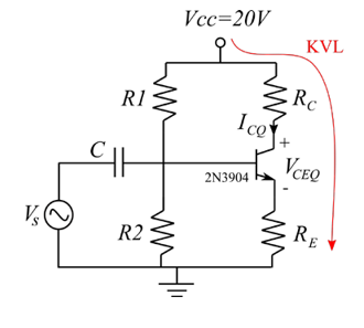 Vcc=20V
KVL
Rc
RI
I co
+
VCEQ
2N3904
· RE
R2
