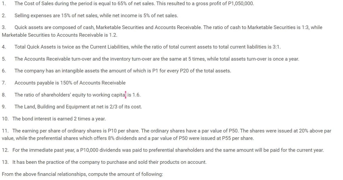 1.
The Cost of Sales during the period is equal to 65% of net sales. This resulted to a gross profit of P1,050,000.
2.
Selling expenses are 15% of net sales, while net income is 5% of net sales.
3.
Quick assets are composed of cash, Marketable Securities and Accounts Receivable. The ratio of cash to Marketable Securities is 1:3, while
Marketable Securities to Accounts Receivable is 1.2.
4.
Total Quick Assets is twice as the Current Liabilities, while the ratio of total current assets to total current liabilities is 3:1.
5.
The Accounts Receivable turn-over and the inventory turn-over are the same at 5 times, while total assets turn-over is once a year.
6.
The company has an intangible assets the amount of which is P1 for every P20 of the total assets.
7.
Accounts payable is 150% of Accounts Receivable
8.
The ratio of shareholders' equity to working capital is 1.6.
9.
The Land, Building and Equipment at net is 2/3 of its cost.
10. The bond interest is earned 2 times a year.
11. The earning per share of ordinary shares is P10 per share. The ordinary shares have a par value of P50. The shares were issued at 20% above par
value, while the preferential shares which offers 8% dividends and a par value of P50 were issued at P55 per share.
12. For the immediate past year, a P10,000 dividends was paid to preferential shareholders and the same amount will be paid for the current year.
13. It has been the practice of the company to purchase and sold their products on account.
From the above financial relationships, compute the amount of following:
