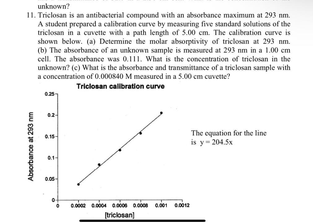 unknown?
11. Triclosan is an antibacterial compound with an absorbance maximum at 293 nm.
A student prepared a calibration curve by measuring five standard solutions of the
triclosan in a cuvette with a path length of 5.00 cm. The calibration curve is
shown below. (a) Determine the molar absorptivity of triclosan at 293 nm.
(b) The absorbance of an unknown sample is measured at 293 nm in a 1.00 cm
cell. The absorbance was 0.111. What is the concentration of triclosan in the
unknown? (c) What is the absorbance and transmittance of a triclosan sample with
a concentration of 0.000840 M measured in a 5.00 cm cuvette?
Triclosan calibration curve
Absorbance at 293 nm
0.25-
0.2-
0.15-
0.1-
0.05-
0
0
0.0002 0.0004 0.0006 0.0008 0.001
[triclosan]
0.0012
The equation for the line
is y = 204.5x