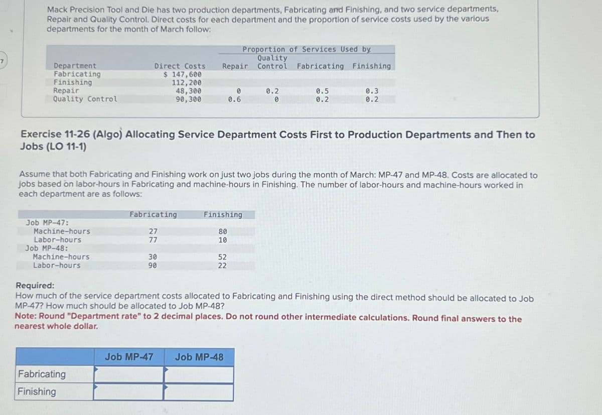 Mack Precision Tool and Die has two production departments, Fabricating and Finishing, and two service departments,
Repair and Quality Control. Direct costs for each department and the proportion of service costs used by the various
departments for the month of March follow:
Department
Fabricating
Finishing
Repair
Quality Control
Proportion of Services Used by
Quality
Direct Costs
Repair Control
Fabricating Finishing
$ 147,600
112,200
48,300
90,300
0
0.6
0.2
0.5
0.3
0
0.2
0.2
Exercise 11-26 (Algo) Allocating Service Department Costs First to Production Departments and Then to
Jobs (LO 11-1)
Assume that both Fabricating and Finishing work on just two jobs during the month of March: MP-47 and MP-48. Costs are allocated to
jobs based on labor-hours in Fabricating and machine-hours in Finishing. The number of labor-hours and machine-hours worked in
each department are as follows:
Job MP-47:
Machine-hours
Labor-hours
Job MP-48:
Machine-hours
Labor-hours
Required:
Fabricating
Finishing
27
80
77
10
30
52
90
22
How much of the service department costs allocated to Fabricating and Finishing using the direct method should be allocated to Job
MP-47? How much should be allocated to Job MP-48?
Note: Round "Department rate" to 2 decimal places. Do not round other intermediate calculations. Round final answers to the
nearest whole dollar.
Fabricating
Finishing
Job MP-47 Job MP-48