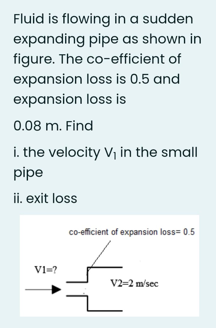 Fluid is flowing in a sudden
expanding pipe as shown in
figure. The co-efficient of
expansion loss is 0.5 and
expansion loss is
0.08 m. Find
i. the velocity Vj in the small
pipe
ii. exit loss
co-efficient of expansion loss= 0.5
V1=?
V2=2 m/sec
