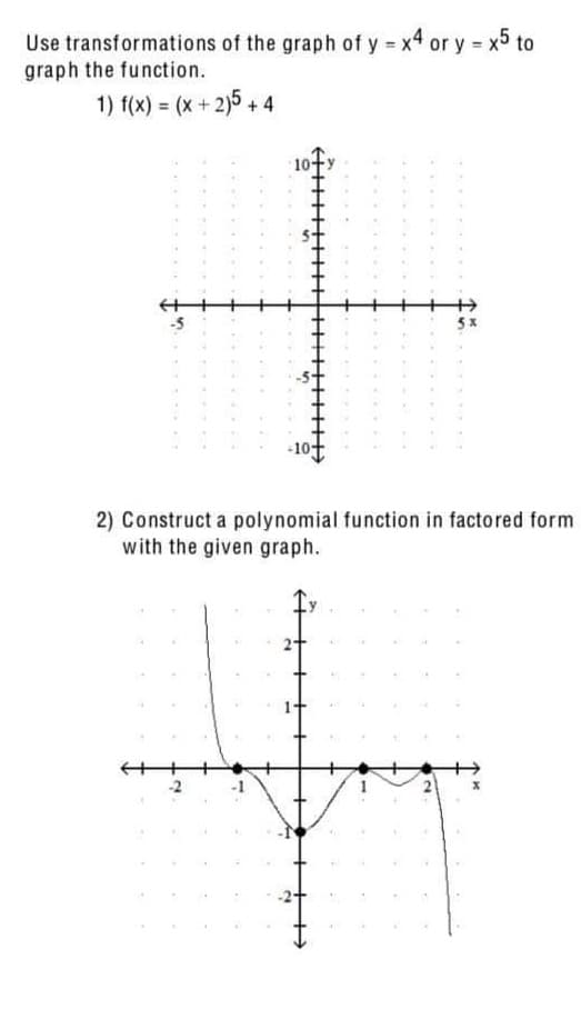Use transformations of the graph of y = x4 or y x5 to
graph the function.
1) f(x) = (x + 2)5 +4
2) Construct a polynomial function in factored form
with the given graph.
-2
