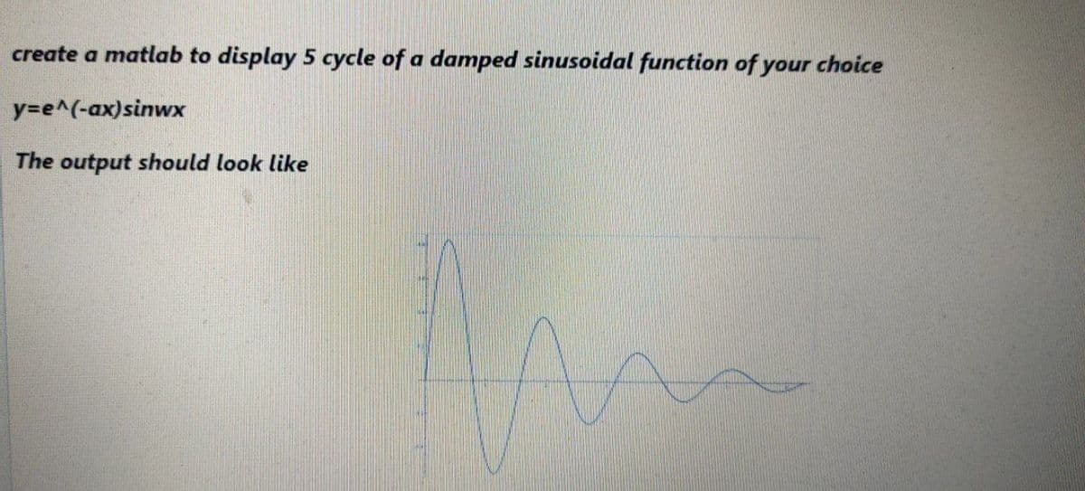 create a matlab to display 5 cycle of a damped sinusoidal function of your choice
y=e^(-ax)sinwx
The output should look like
