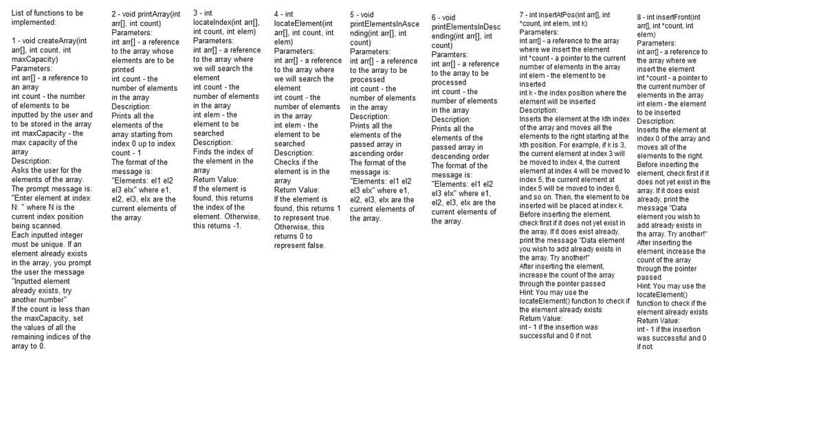 Checks if the
List of functions to be
implemented:
2 - void printArray(int
arr[], int count)
Parameters:
int arr[] - a reference
to the array whose
elements are to be
4 - int
locateElement(int
arr[], int count, int
elem)
Parameters:
3 - int
5 - void
printElementslnAsce
nding(int arr[], int
count)
Parameters:
6 - void
printElementslnDesc
ending(int arr[], int
count)
Paramters:
7- int insertAtPos(int arr), int
*count, int elem, int k)
Parameters:
int arr) - a reference to the array
locatelndex(int arr[),
int count, int elem)
Parameters:
8- int insertFront(int
arr), int *count, int
elem)
1 - void createArray(int
arr[], int count, int
maxCapacity)
Parameters:
int arr[] - a reference to
an array
Parameters:
int arr[] - a reference
to the array where
we will search the
where we insert the element
int arrl - a reference to
int arr[] - a reference int arr[] - a reference
int *count - a pointer to the current
number of elements in the array
the array where we
Int arr] - a reference
to the array to be
processed
int count - the
int
to the array where
we will search the
to the array to be
processed
int count - the
number of elements
printed
insert the element
int elem - the element to be
int count - the
number of elements
element
int *count - a pointer to
inserted
int k- the index position where the
int count - the
element
the current number of
elements in the array
In the array
Description:
Prints all the
elements of the
int count - the number
number of elements
in the array
int elem - the
int count - the
number of elements
in the array
Description:
Prints all the
elements of the
element will be inserted
int elem - the element
to be inserted
of elements to be
inputted by the user and
to be stored in the array
int maxCapacity - the
max capacity of the
array
number of elements in the array
Description:
Prints all the
elements of the
in the array
int elem - the
element to be
Description:
Inserts the element at the kth index Description:
element to be
of the array and moves all the
elements to the right starting at the index 0 of the array and
Inserts the element at
array starting from
Index 0 up to index
count - 1
The format of the
searched
Description:
Finds the index of
searched
passed array in
kth position. For example, if k is 3,
ascending order
The format of the
passed array in
descending order
The format of the
moves all of the
elements to the right.
Before inserting the
element at index 4 will be moved to element, check first if it
Description:
the current element at index 3 will
Description:
the element in the
be moved to index 4, the current
Asks the user for the
elements of the array.
The prompt message is:
"Enter element at index
message is:
"Elements: el1 el2
el3 elx" where e1,
array
Return Value:
element is in the
message is:
"Elements: el1 el2
message is:
"Elements: el1 el2
array
Return Value:
index 5, the current element at
index 5 will be moved to index 6,
and so on. Then, the element to be already, print the
does not yet exist in the
array. If it does exist
f the element is
el3 elx" where e1,
el2. el3, elx are the
el3 elx" where e1,
found, this returns
the index of the
element. Otherwise,
el2, el3, elx are the
If the element is
el2, el3, elx are the
inserted will be placed at index k.
Before inserting the element,
check first if it does not yet exist in
the array. If it does exist already,
print the message "Data element
you wish to add already exists in
the array. Try another!"
After inserting the element,
increase the count of the array
through the pointer passed
Hint: You may use the
locateElement() function to check if function to check if the
N: "where N is the
current elements of
found, this returns 1 current elements of
message "Data
element you wish to
add already exists in
the array. Try another!"
After inserting the
element, increase the
count of the array
through the pointer
current elements of
the array.
current index position
the array.
to represent true.
Otherwise, this
the array.
being scanned.
Each inputted integer
must be unique. If an
element already exists
in the array, you prompt
the user the message
"Inputted element
already exists, try
another number"
this returns -1.
returns 0 to
represent false.
passed
Hint: You may use the
locateElement()
If the count is less than
the element already exists
element already exists
Return Value:
int - 1 if the insertion
the maxCapacity, set
the values of all the
remaining indices of the
array to 0.
Return Value:
int - 1 if the insertion was
successful and 0 if not.
was successful and 0
if not.
